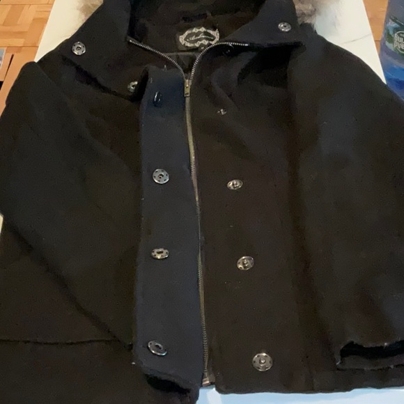 Ambience black pea coat with faux fur trimmed hood, medium. - Picture 5 of 5